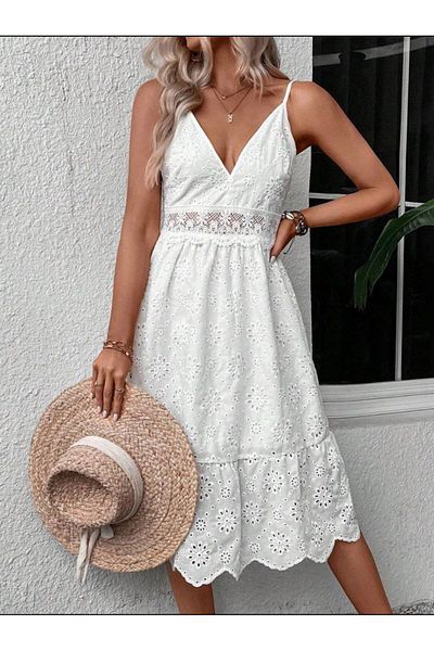 BRGCLOTHING Rochie festonată cu bretele subțiri cu decolteu în V din dantelă albă
