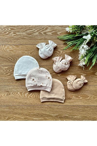 Renkli Puset Organic Set of 6 Newborn Baby Gloves and Hats Koala Beige