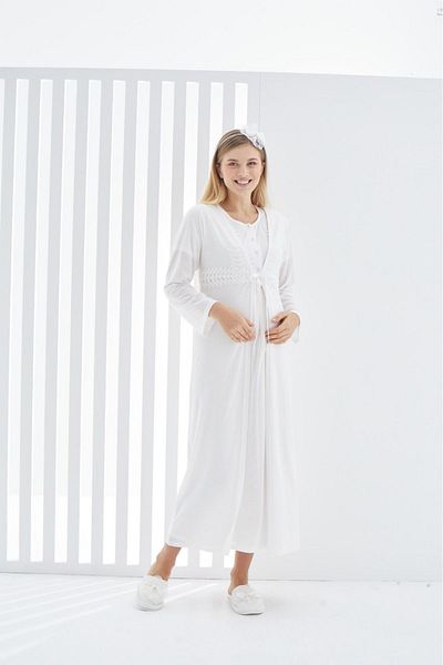 ERDENİZ TEKSTİL Set of 2 Maternity (PREGNANT) Pajamas Set - Laced and Dressing Gown, Buttoned Collar, Cotton