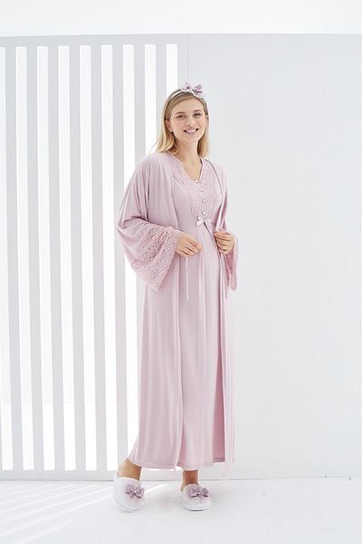 ERDENİZ TEKSTİL Maternity (PREGNANT) 2-Piece Pajamas and Dressing Gown Set - Sleeve Guipure Detailed