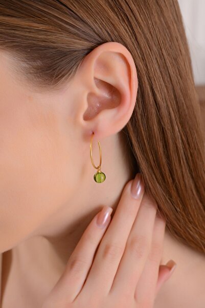 Amberistan Altın Kaplama 925 Ayar Gümüş Halka Yeşil Kehribar Küpe