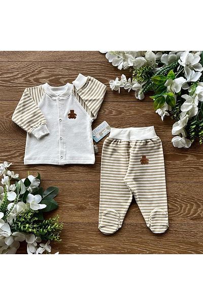 PATSAN Organic Cotton Combed Baby Basic Pajama Set with Snap Fasteners, Top and Bottom Booties, Striped