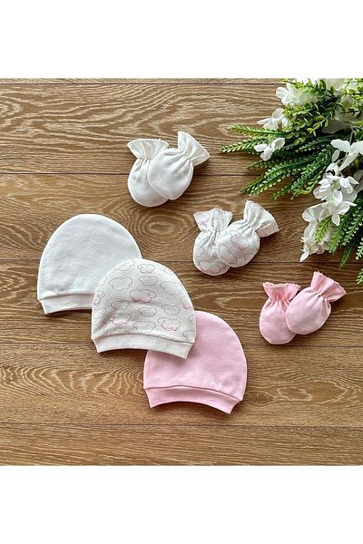 Renkli Puset Organic Set of 6 Newborn Baby Gloves and Hats Bulut