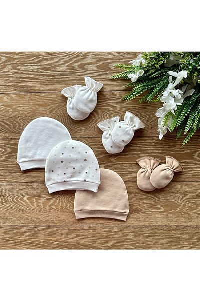 Renkli Puset Organic Set of 6 Newborn Baby Gloves and Hats Points