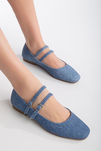 MİSS AMORE Denim Color Laced Double Buckle Ready Sole Ballerinas