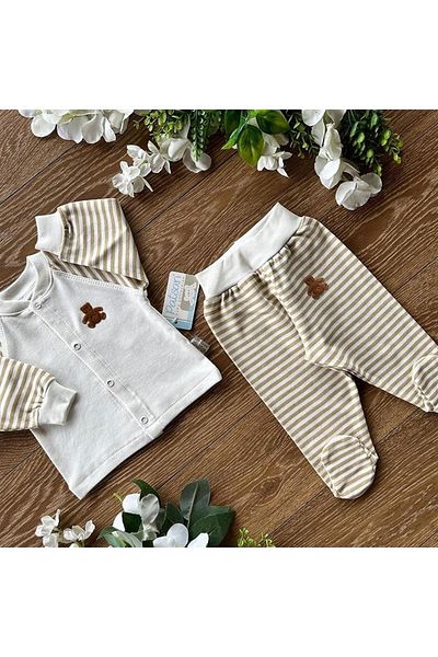 PATSAN Organic Cotton Combed Baby Basic Pajama Set with Snap Fasteners, Top and Bottom Booties, Striped