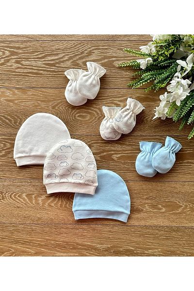 Renkli Puset Organic Set of 6 Newborn Baby Gloves and Hats Bulut