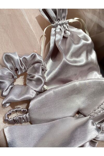 Golden Needle Gri Saten Uyku Seti 4'lü Göz Bandı / Uyku Maskesi Toka Bandana ...