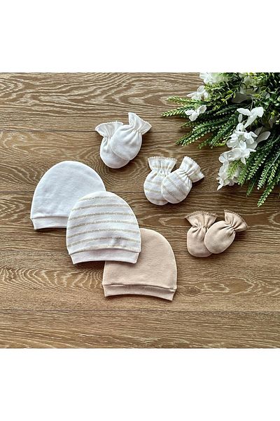 Renkli Puset Organic Set of 6 Newborn Baby Gloves and Hats Striped