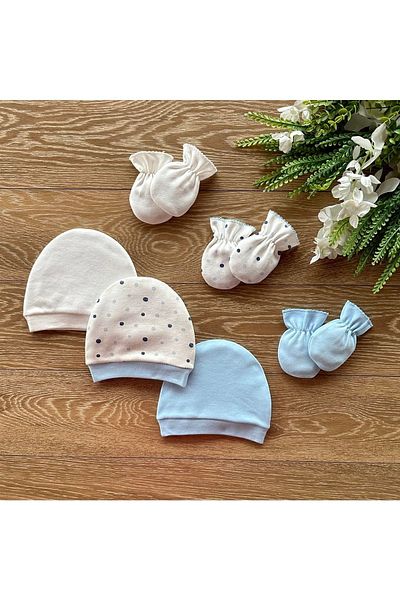 Renkli Puset Organic Set of 6 Newborn Baby Gloves and Hats Points