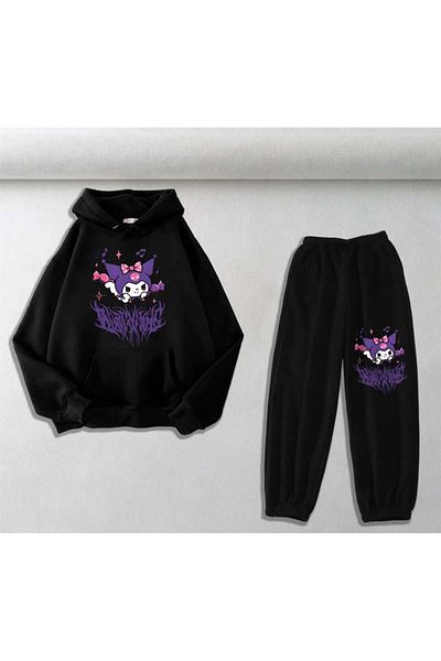 Touz Moda Harajuku Kuromi εμπριμέ μαύρο oversize φούτερ με κουκούλα & φούτερ Unisex Σετ δύο τεμαχίων