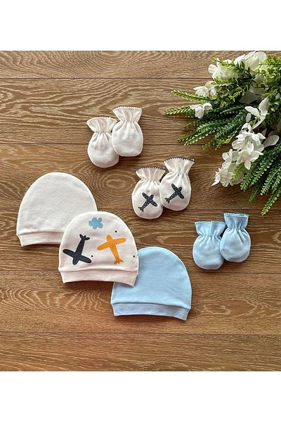 Renkli Puset Organic Set of 6 Newborn Baby Gloves and Hats Airplane