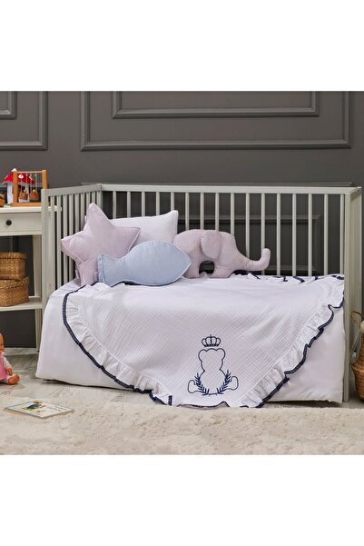 - King Bear Bebek Battaniye İşlemeli Müslin Kumaş %100 Pamuk 85CM x 85CM-İndigo