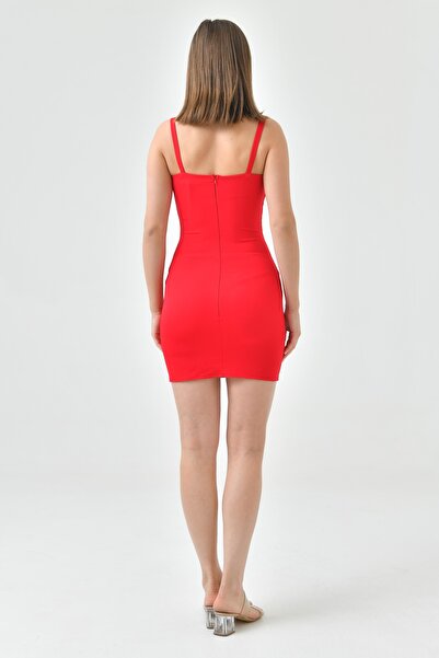 vuvutasarım Kadın Kırmızı Atlas Kumaş Büzgülü Yaka Dekolte Tasarım Askılı Mini Abiye Elbise 264