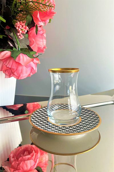 DECOSTYLE Gold Tea Set - Eva Houndstooth Pattern, Porcelain Plate, 12 Pieces