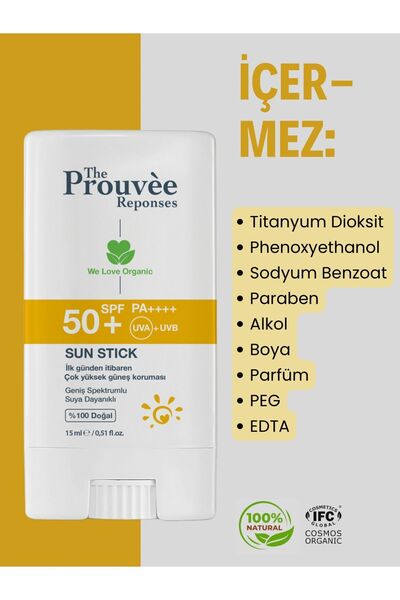 The Prouvee Reponses %100 Doğal 50+SPF Organik Güneş Stick 15ml (Sun Stick)