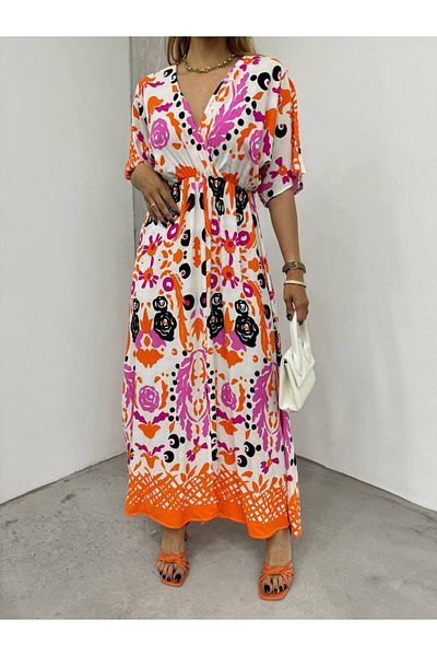 Fav Style Rochie lungă pentru femei cu model portocaliu - guler dublu și talie strânsă