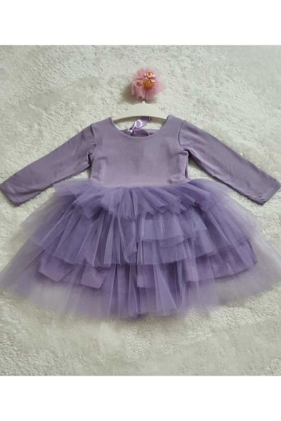 Retro Women Rochie de seară pentru fetiță, din bumbac, cu mânecă lungă, cu tutu cu etaje mov - pentru ocazii speciale și ziua de naștere