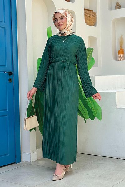 Bym Fashion Σμαραγδένιο Σατέν Πλισέ Φόρεμα - 3897