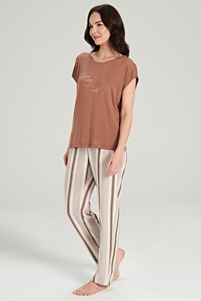 Feyza Brown Linen Women's Pajama Set - Short Sleeve C9T2N0O5