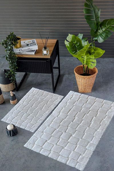 İyi Geceler İstanbul HCW Edessa Ecru 100% Cotton Viscose 2 Piece Bathroom Mat Set 40*60+60*100 cm