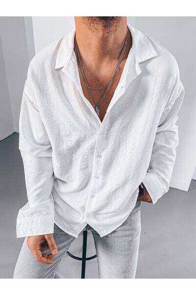 King Brothers Erkek Oversize Beyaz Keten Görünümlü Ayrobin Gömlek Ince Yazlık