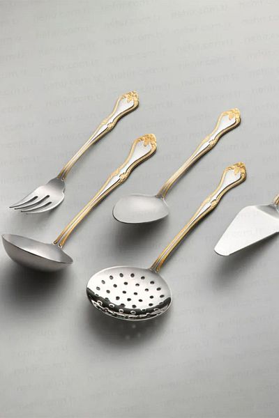 Nehir Lalezar Gold Plain 5 Piece Stainless Steel Serving Set