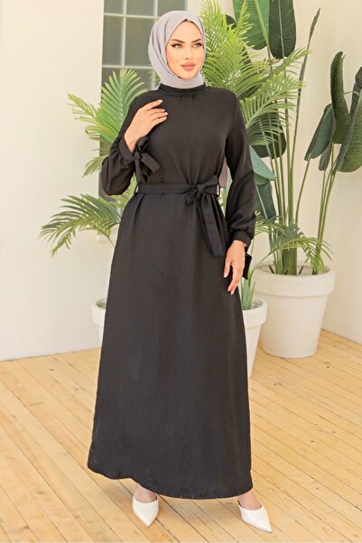 Bestenur Μαύρο λινό φόρεμα 970 - Μανίκια με κορδόνια