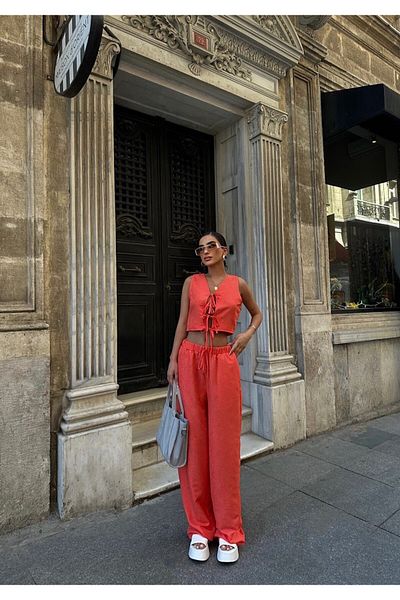 BSAY Patterned Linen Vest and Trousers Set - Front Tie