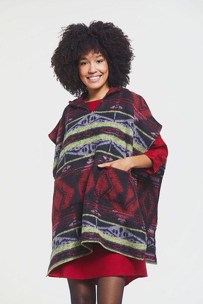 Clandestino Hooded Ethnic Patterned Poncho Red