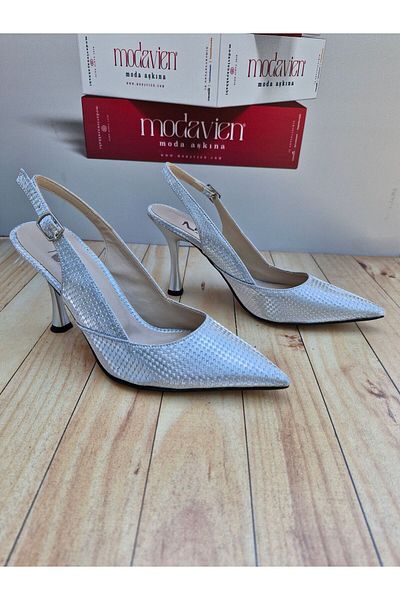 Modavien Pantofi de rochie de seară argintii pentru femei, lățime de 9 cm