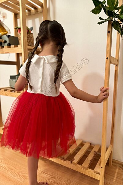 penu baby kids Kırmızı Kurdeleli Bebe Yaka Kısa Kol Kız Bebek Elbise - Heidi