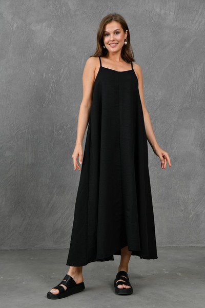 Secret Passion Lingerie Schwarzes Midi-Strandkleid mit U-Ausschnitt und verstellbaren Trägern – Aerobin-Stoff 3378