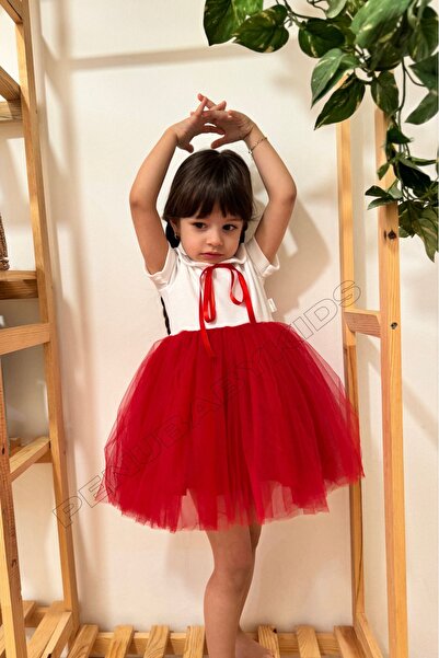 penu baby kids Kırmızı Kurdeleli Bebe Yaka Kısa Kol Kız Bebek Elbise - Heidi