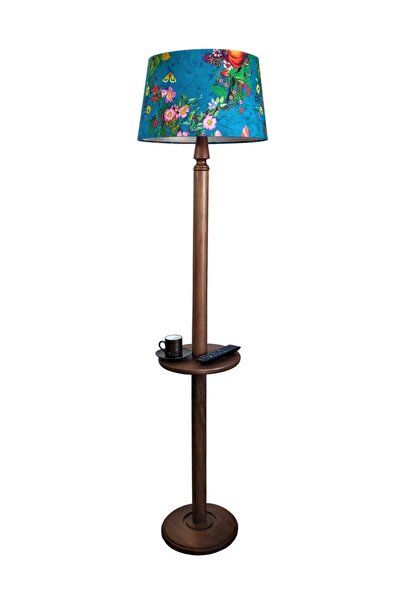 Lambada Açık Ceviz Mavi Çiçek Desen Torna Ayaklı Masif Sehpalı Lambader