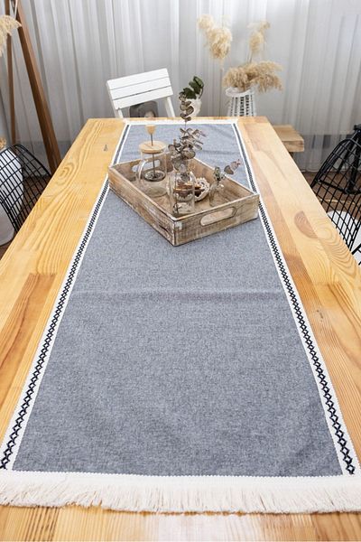 NDC HOME Gray Anthracite Black Striped Tasseled Runner