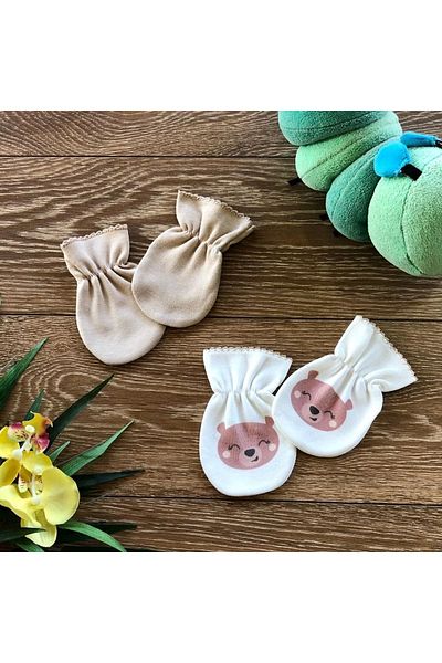 Renkli Puset Set of 2 Organic Cotton Combed Baby Gloves Bears