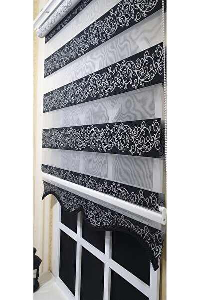 KORUTEKS Zebra Stor Perde Siyah Sarmaşık Desen Gümüş Simli Etek Dilimli Kt9300 V 03