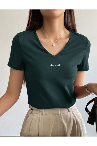 FAVORİST V Yaka Basic Pamuklu CLASSİCAL Baskılı Tshirt