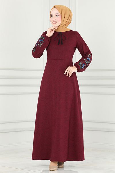 ModaMerve Burgundy Lace-Up Dress - Msl8008