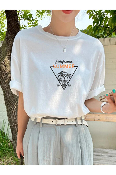 FAVORİST تي شيرت كاليفورنيا سمر مطبوع - تي شيرت قطني بأكمام قصيرة كبير الحجم