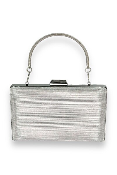 MidStore Culoare gri argintiu, model laser importat, mâner metalic în dungi, rochie de seară, geantă de seară, invitație de nuntă, bal de absolvire