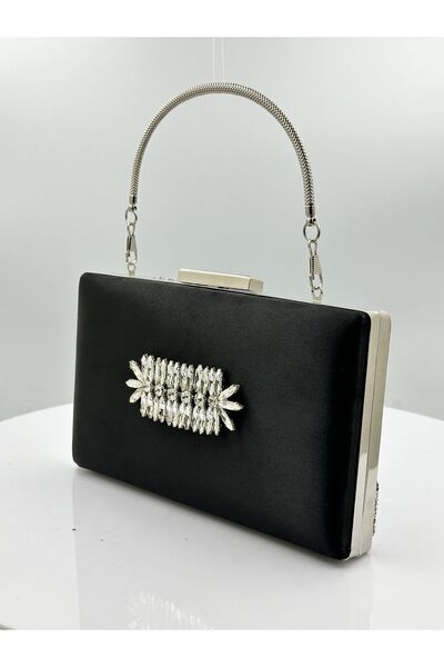 Generic Brand 2026 Trend Black Satin Silver Case with Stones Evening Dress Bag Stylish Night Bag Sir Wedding Engagement High Quality