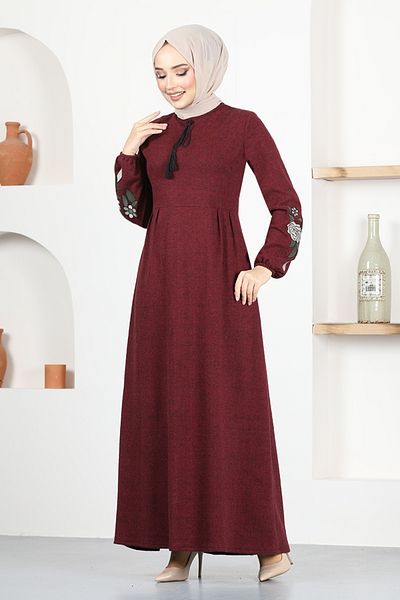 ModaMerve Burgundy Lace-Up Dress - Msl8006