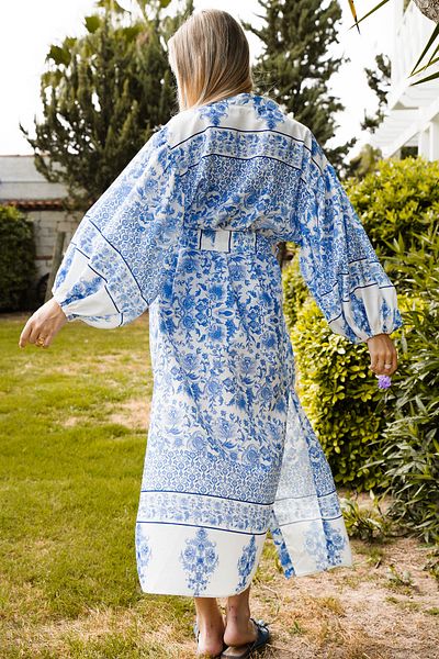 Mita Concept Linen Balloon Sleeve Kimono - Blue Floral Pattern