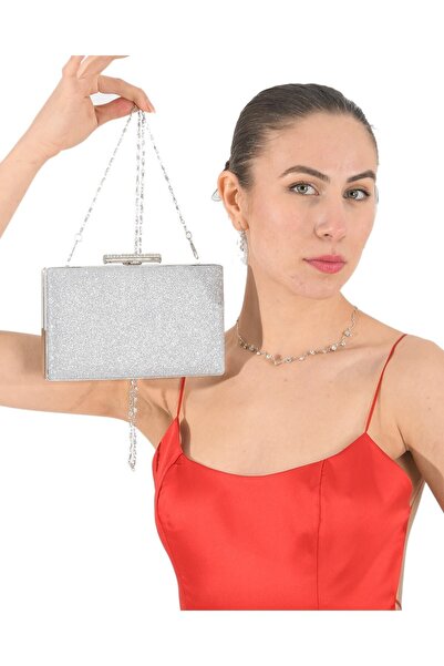 MidStore Geantă de seară argintie lame glittery, pentru ocazii precum nunți sau evenimente, codul la final dacă există.