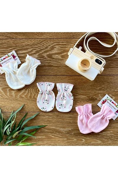 Renkli Puset Set of 3 Organic Cotton Combed Baby Gloves Aslan