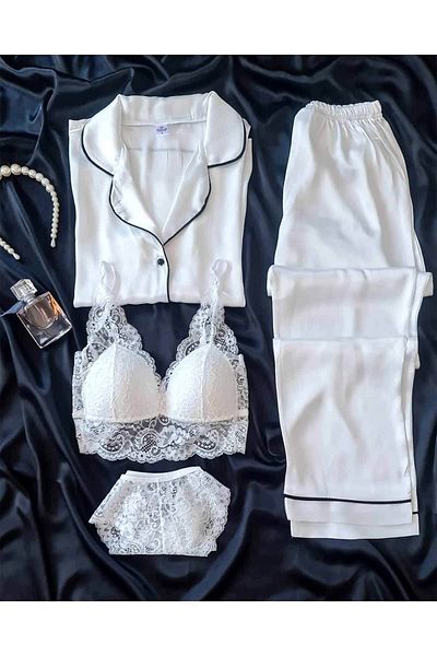 Çeyize dair herşey 4 Pieces Ecru Silk Satin Bridal Set - 6667