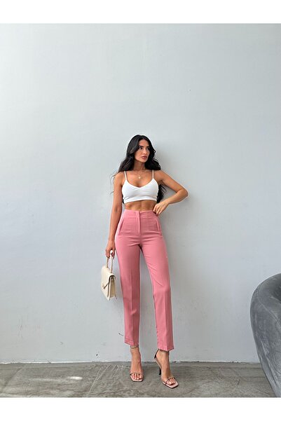 Female Clothing Kadın Pembe Yüksek Bel Fleto Cepli Esnek Kumaş Pantolon