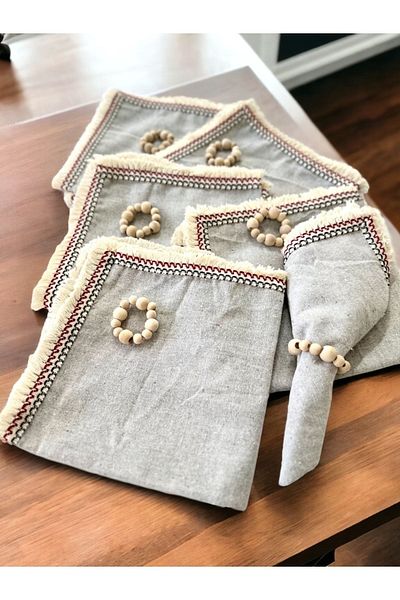 NDC HOME 6LI Gray Linen Mini Napkin Set with Tassels [Wooden Buckle Gift]